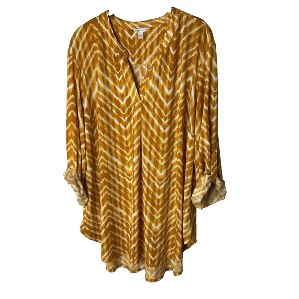 CATO Tunic Top Plus Size 18W 20W Blouse 3/4 Roll-Tab Sleeves Stretch Gold Yellow
